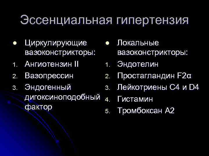 Эссенциальная гипертензия l 1. 2. 3. Циркулирующие вазоконстрикторы: Ангиотензин II Вазопрессин Эндогенный дигоксиноподобный фактор