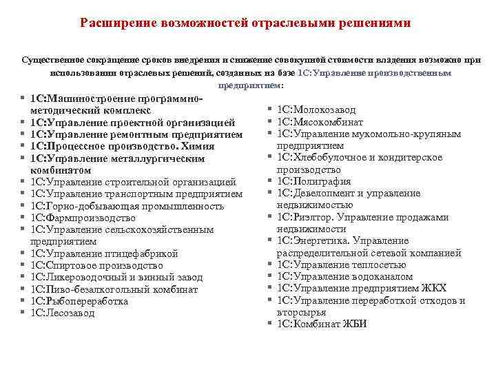 Расширение возможностей отраслевыми решениями Существенное сокращение сроков внедрения и снижение совокупной стоимости владения возможно