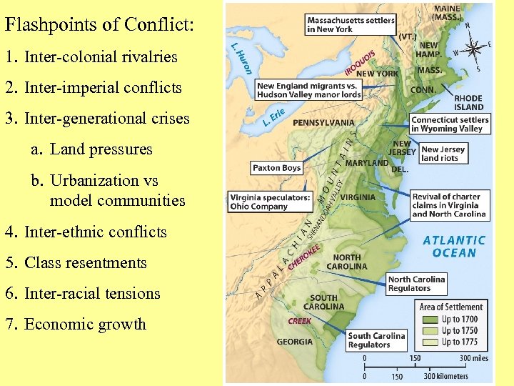 Flashpoints of Conflict: 1. Inter-colonial rivalries 2. Inter-imperial conflicts 3. Inter-generational crises a. Land