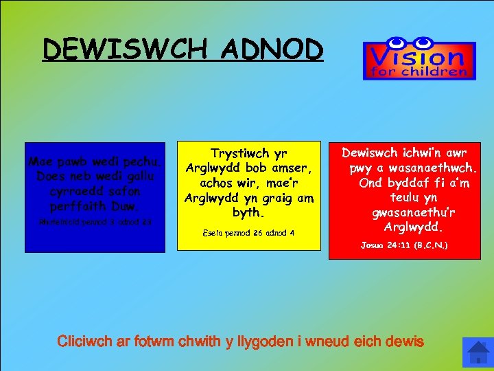 DEWISWCH ADNOD Mae pawb wedi pechu. Does neb wedi gallu cyrraedd safon perffaith Duw.