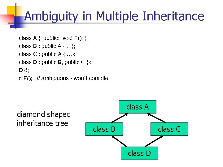 Ambiguity in Multiple Inheritance class A { public: void F(); }; class B :