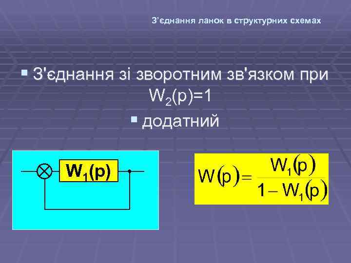 З’єднання ланок в структурних схемах § З'єднання зі зворотним зв'язком при W 2(p)=1 §