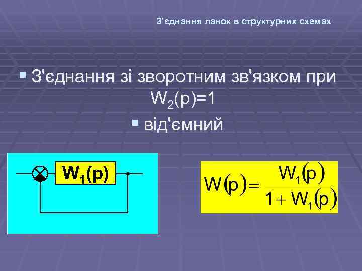 З’єднання ланок в структурних схемах § З'єднання зі зворотним зв'язком при W 2(p)=1 §