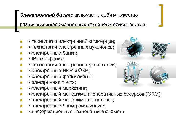 Электронный бизнес включает в себя множество различных информационных технологических понятий: n n n n