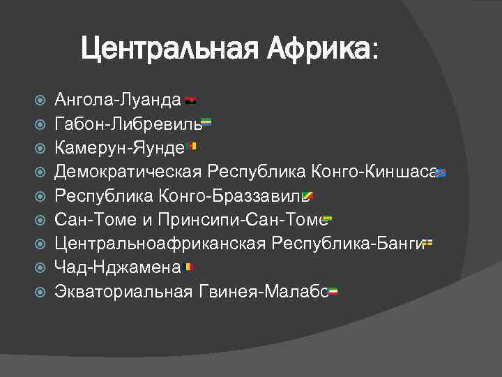 Центральная Африка: Ангола-Луанда Габон-Либревиль Камерун-Яунде Демократическая Республика Конго-Киншаса Республика Конго-Браззавиль Сан-Томе и Принсипи-Сан-Томе Центральноафриканская