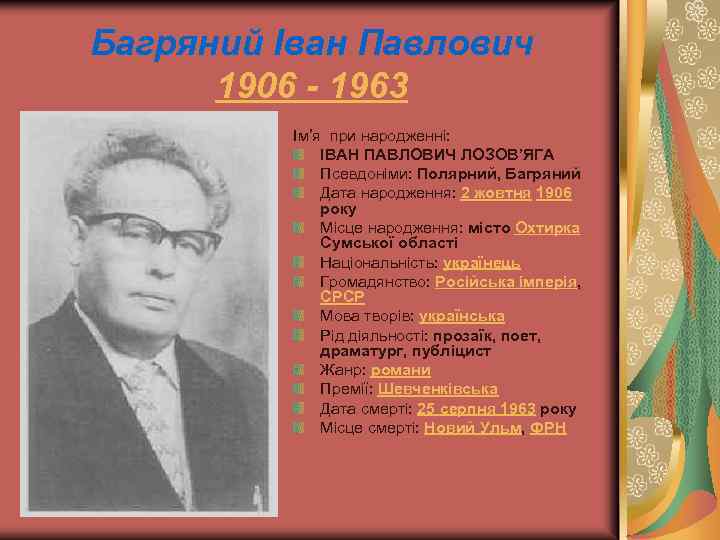 Багряний Іван Павлович 1906 - 1963 Ім’я при народженні: ІВАН ПАВЛОВИЧ ЛОЗОВ’ЯГА Псевдоніми: Полярний,