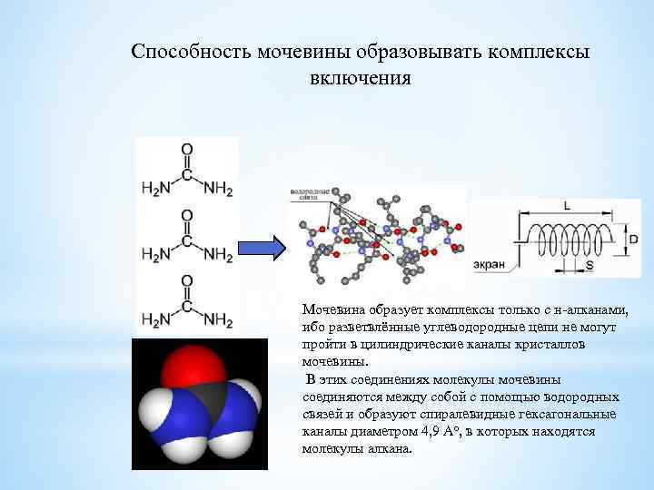 Способность мочевины образовывать комплексы включения Мочевина образует комплексы только с н-алканами, ибо разветвлённые углеводородные