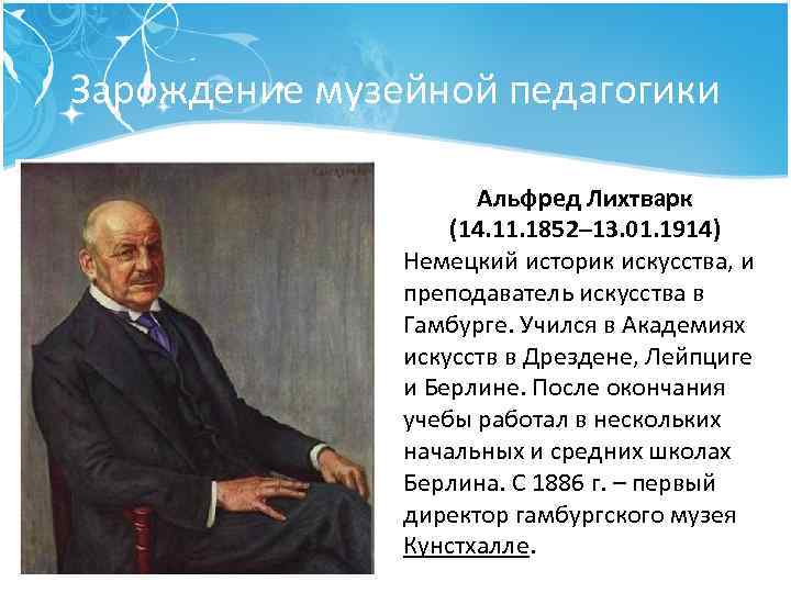 Зарождение музейной педагогики Альфред Лихтварк (14. 11. 1852– 13. 01. 1914) Немецкий историк искусства,