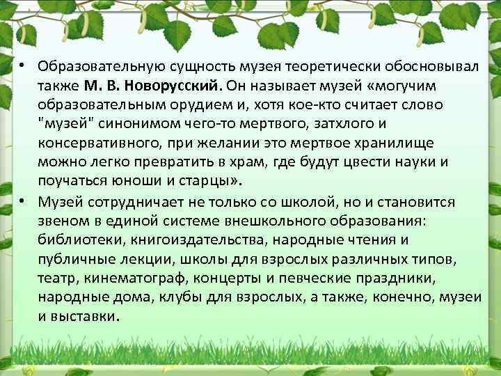  • Образовательную сущность музея теоретически обосновывал также М. В. Новорусский. Он называет музей