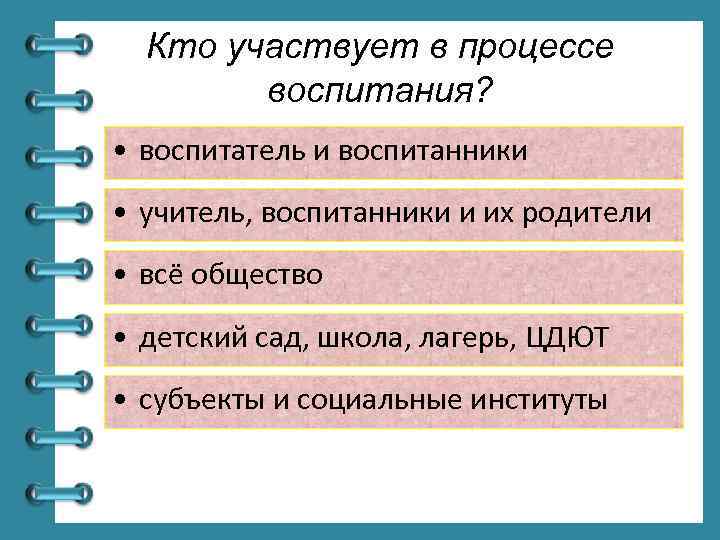 Кто участвует в процессе воспитания? • воспитатель и воспитанники • учитель, воспитанники и их