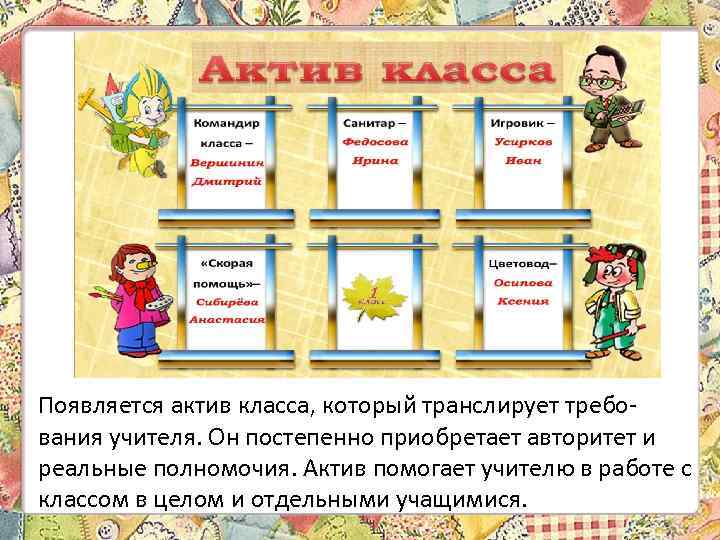 Появляется актив класса, который транслирует требования учителя. Он постепенно приобретает авторитет и реальные полномочия.