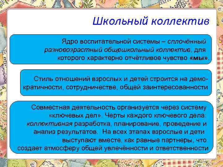 Школьный коллектив Ядро воспитательной системы – сплочённый разновозрастный общешкольный коллектив, для которого характерно отчётливое