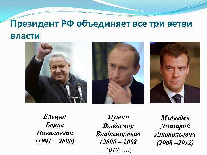 Президент РФ объединяет все три ветви власти Ельцин Борис Николаевич (1991 – 2000) Путин