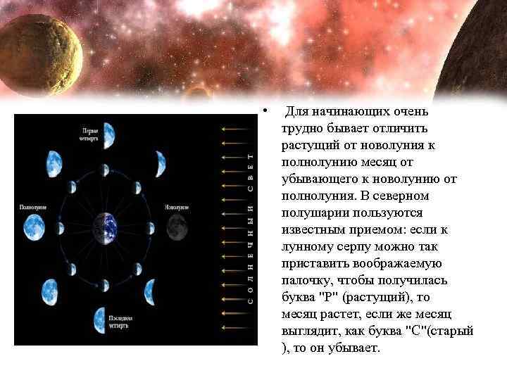  • Для начинающих очень трудно бывает отличить растущий от новолуния к полнолунию месяц