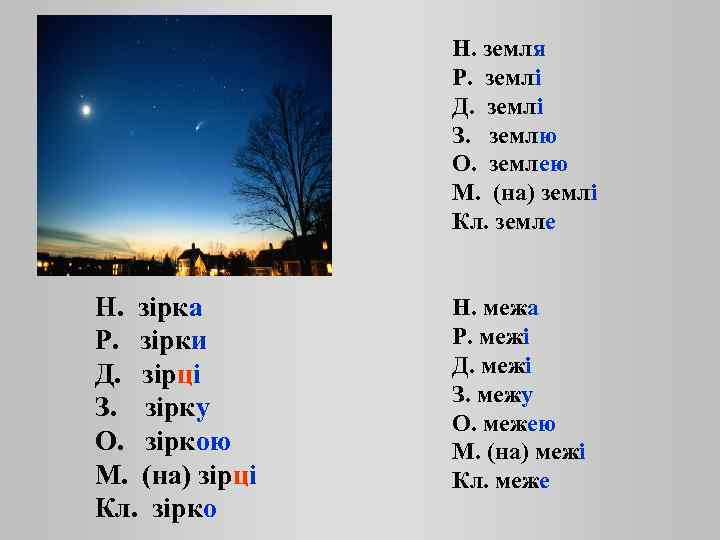 Н. земля Р. землі Д. землі З. землю О. землею М. (на) землі Кл.