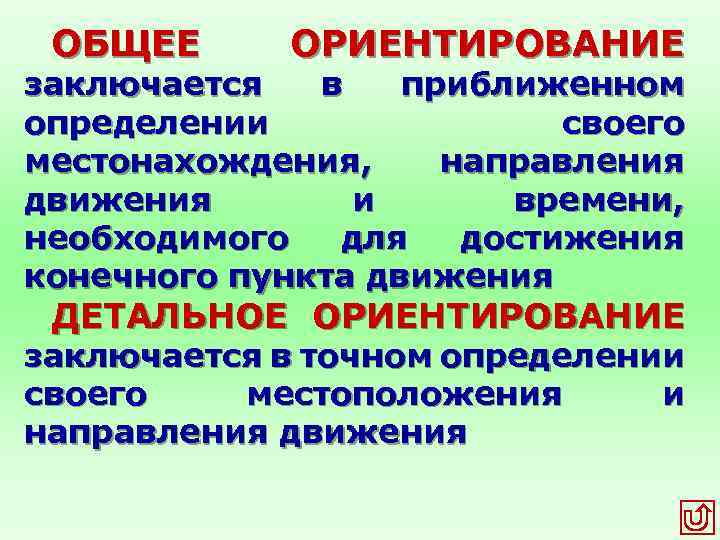 ОБЩЕЕ ОРИЕНТИРОВАНИЕ заключается в приближенном определении своего местонахождения, направления движения и времени, необходимого для