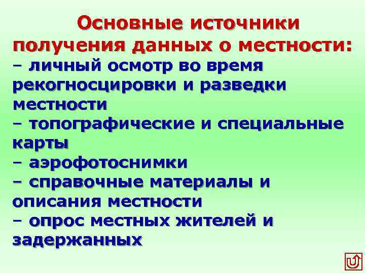 Основные источники получения данных о местности: – личный осмотр во время рекогносцировки и разведки