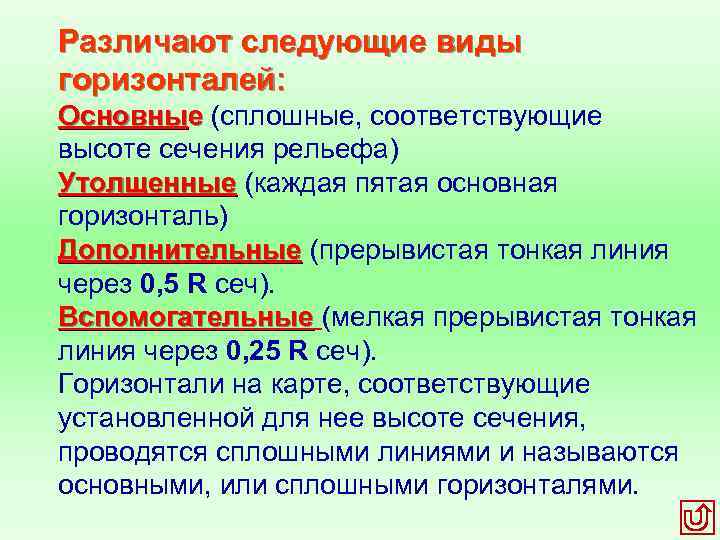 Различают следующие виды горизонталей: Основные (сплошные, соответствующие высоте сечения рельефа) Утолщенные (каждая пятая основная