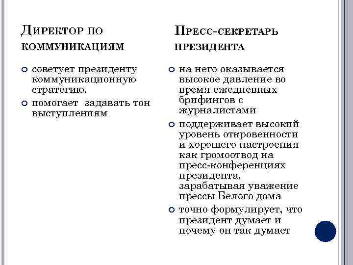 ДИРЕКТОР ПО ПРЕСС-СЕКРЕТАРЬ КОММУНИКАЦИЯМ ПРЕЗИДЕНТА советует президенту коммуникационную стратегию, помогает задавать тон выступлениям на