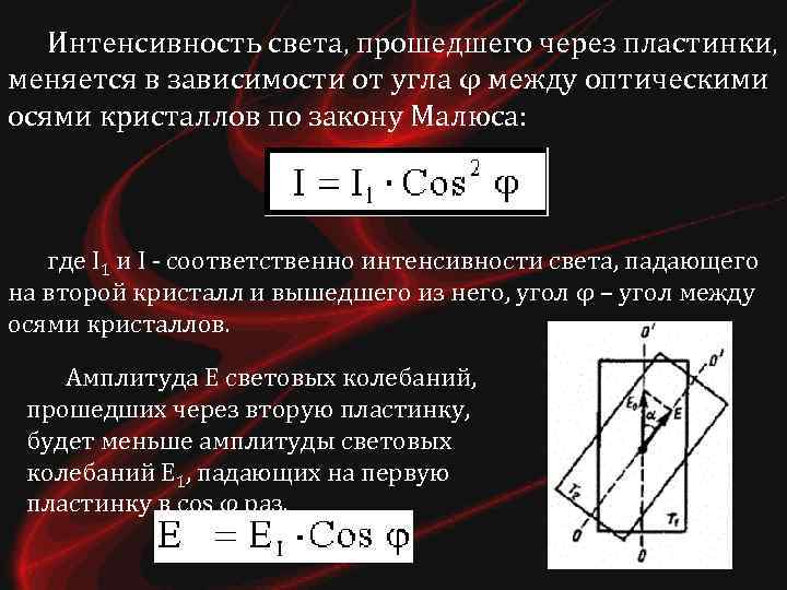 Интенсивность света, прошедшего через пластинки, меняется в зависимости от угла φ между оптическими осями