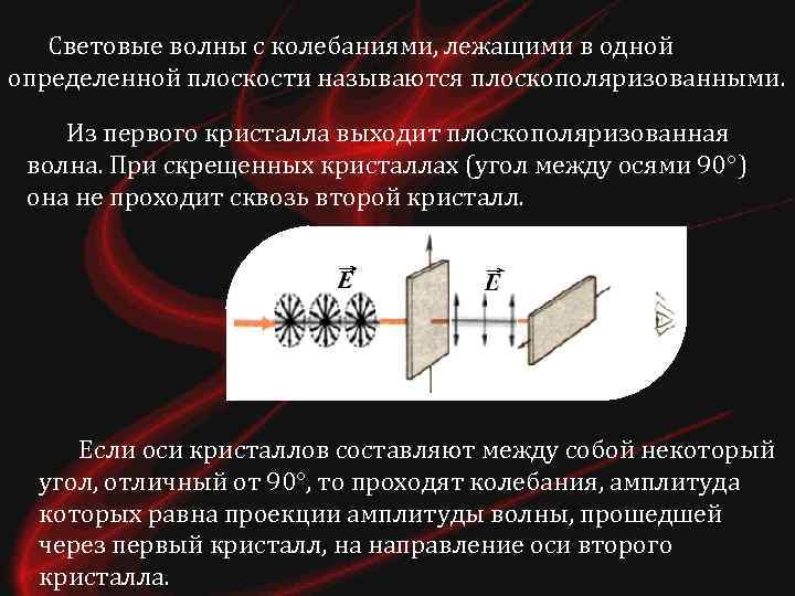 Световые волны с колебаниями, лежащими в одной определенной плоскости называются плоскополяризованными. Из первого кристалла