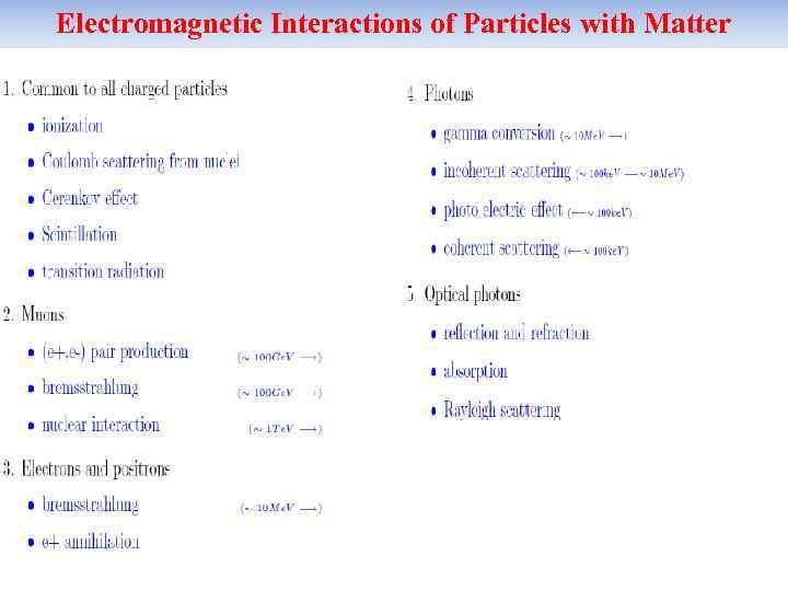 Electromagnetic Interactions of Particles with Matter 