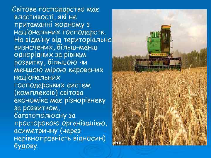 Світове господарство має властивості, які не притаманні жодному з національних господарств. На відміну від