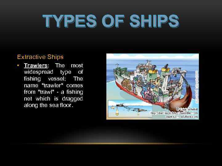 TYPES OF SHIPS Extractive Ships • Trawlers: The most widespread type of fishing vessel;