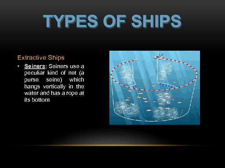 TYPES OF SHIPS Extractive Ships • Seiners: Seiners use a peculiar kind of net