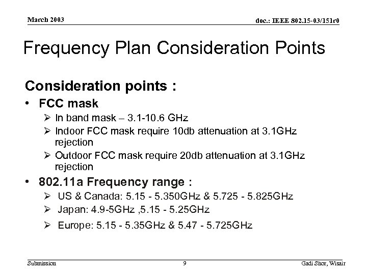 March 2003 doc. : IEEE 802. 15 -03/151 r 0 Frequency Plan Consideration Points