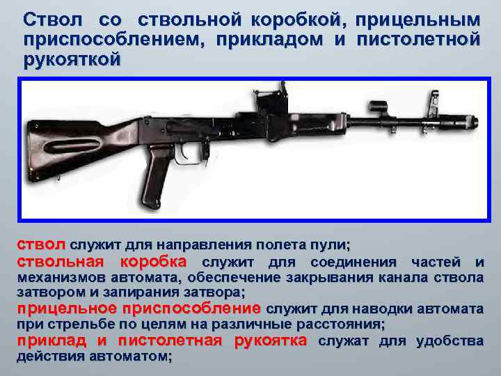 Ствол со ствольной коробкой, прицельным приспособлением, прикладом и пистолетной рукояткой ствол служит для направления