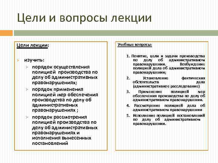 Цели и вопросы лекции Цели лекции: Ø изучить: Ø порядок осуществления полицией производства по