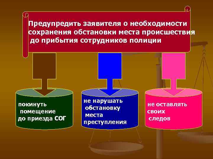 Предупредить заявителя о необходимости сохранения обстановки места происшествия до прибытия сотрудников полиции покинуть помещение
