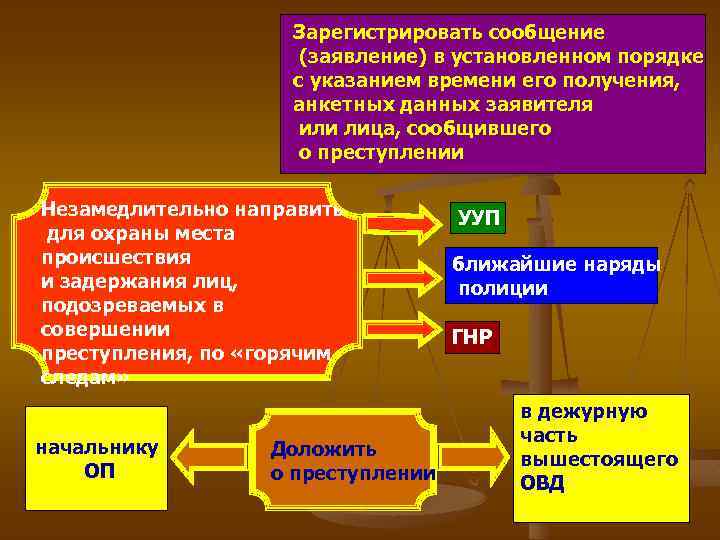 Зарегистрировать сообщение (заявление) в установленном порядке с указанием времени его получения, анкетных данных заявителя