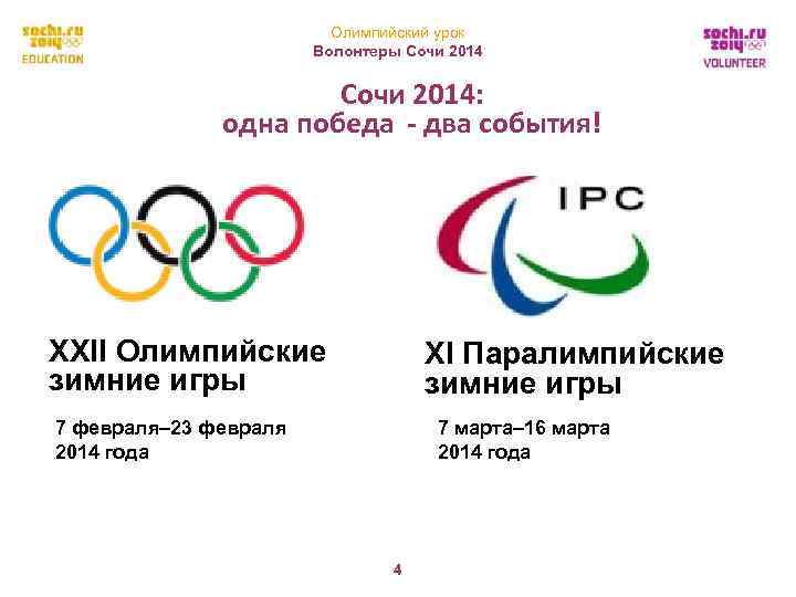 Олимпийский урок Волонтеры Сочи 2014: одна победа - два события! XXII Олимпийские зимние игры