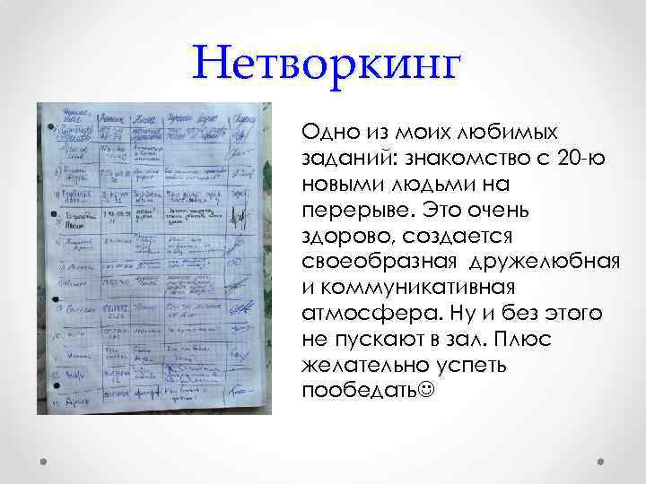 Нетворкинг Одно из моих любимых заданий: знакомство с 20 -ю новыми людьми на перерыве.