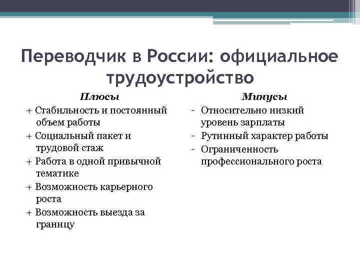 Переводчик в России: официальное трудоустройство Плюсы + Стабильность и постоянный объем работы + Социальный