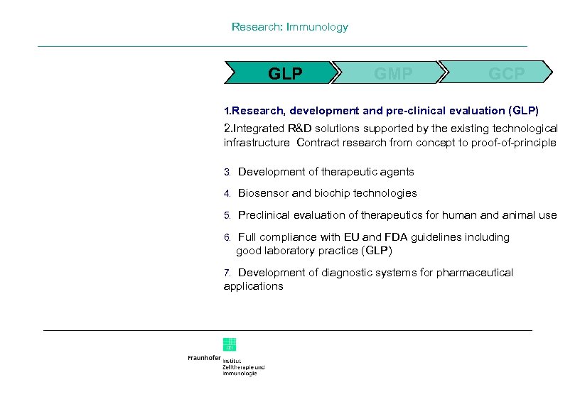 Research: Immunology GLP GMP GCP 1. Research, development and pre-clinical evaluation (GLP) 2. Integrated
