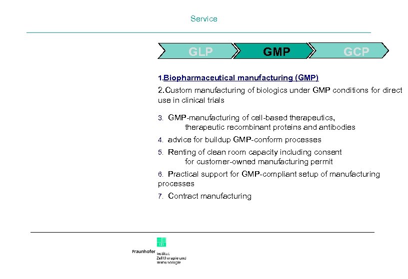 Service GLP GMP GCP 1. Biopharmaceutical manufacturing (GMP) 2. Custom manufacturing of biologics under