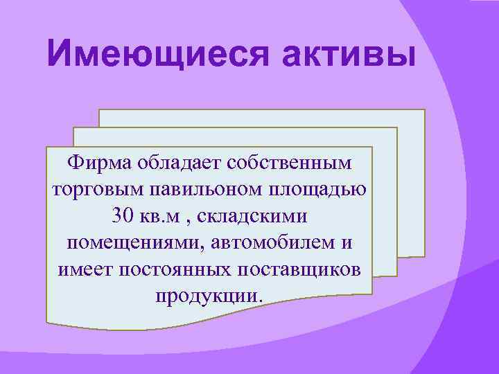 Имеющиеся активы Фирма обладает собственным торговым павильоном площадью 30 кв. м , складскими помещениями,
