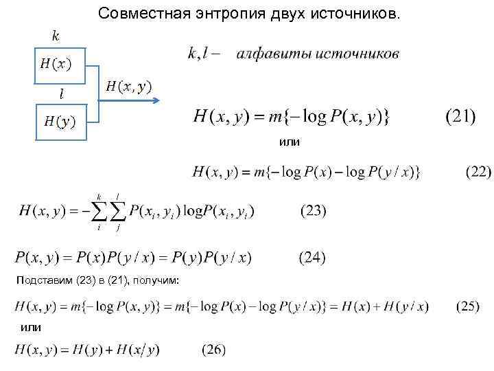 Совместная энтропия двух источников. или Подставим (23) в (21), получим: или 