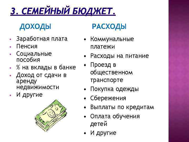 3. СЕМЕЙНЫЙ БЮДЖЕТ. ДОХОДЫ • • • Заработная плата Пенсия Социальные пособия % на
