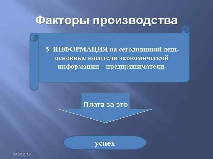 Факторы производства 5. ИНФОРМАЦИЯ на сегодняшний день основные носители экономической информации – предприниматели. Плата