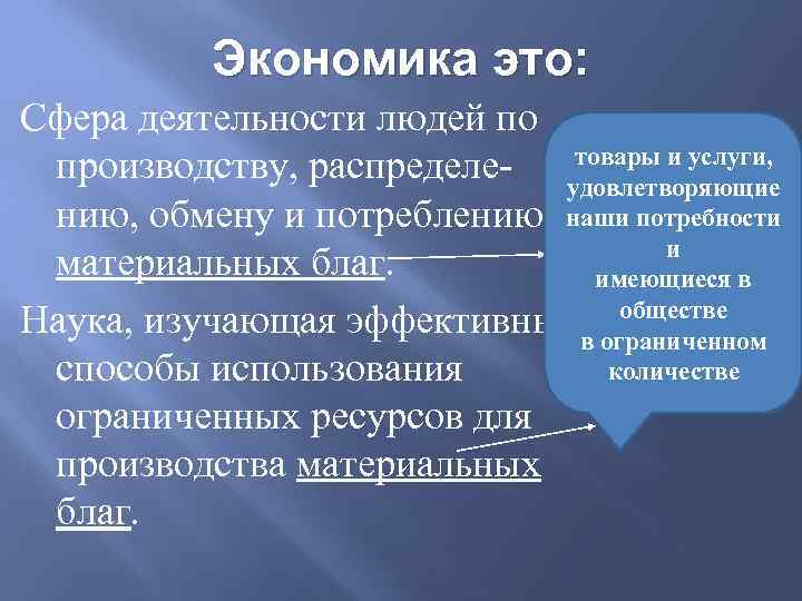 Экономика это: Сфера деятельности людей по товары и услуги, производству, распределе- удовлетворяющие нию, обмену