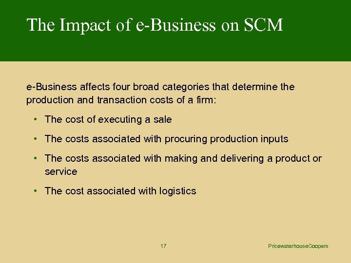 The Impact of e-Business on SCM e-Business affects four broad categories that determine the
