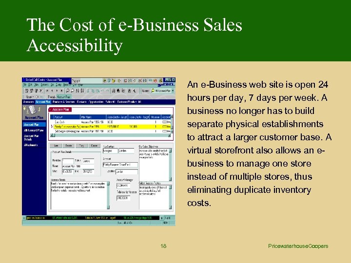 The Cost of e-Business Sales Accessibility An e-Business web site is open 24 hours