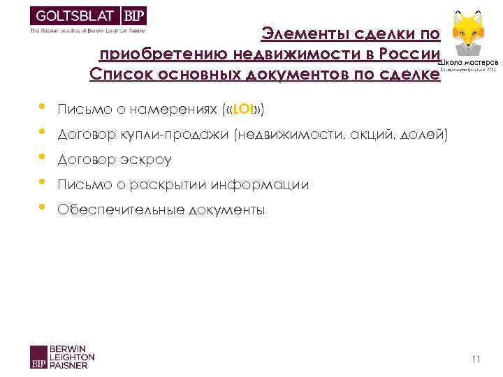 Элементы сделки по приобретению недвижимости в России Список основных документов по сделке • •