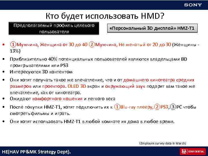 Кто будет использовать HMD? Предполагаемый профиль целевого пользователя «Персональный 3 D дисплей» HMZ-T 1