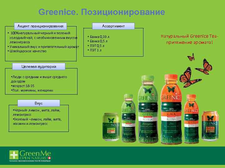 Greenice. Позиционирование Акцент позиционирования • 100%натуральный черный и зеленый холодный чай, с необыкновенным вкусом