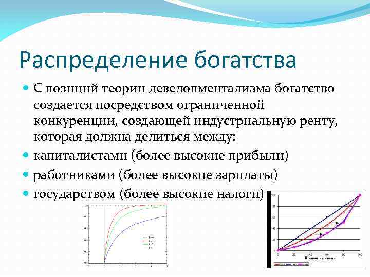 Распределение богатства С позиций теории девелопментализма богатство создается посредством ограниченной конкуренции, создающей индустриальную ренту,
